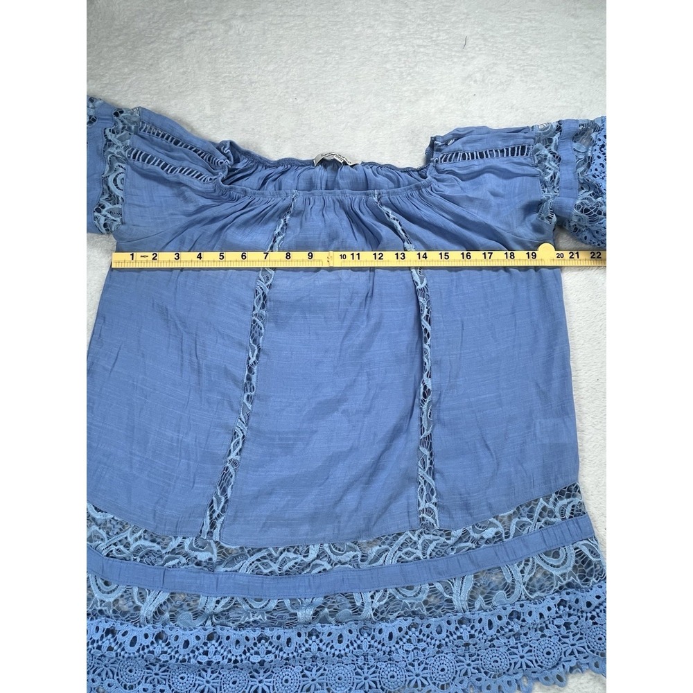 Lynn Ryan Boho Lace Top Large Blue Off Shoulder Crochet Trim Peasant Festival - Picture 4 of 8